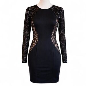 BCX black lace bodycon/mini dress with lace sheer long sleeves